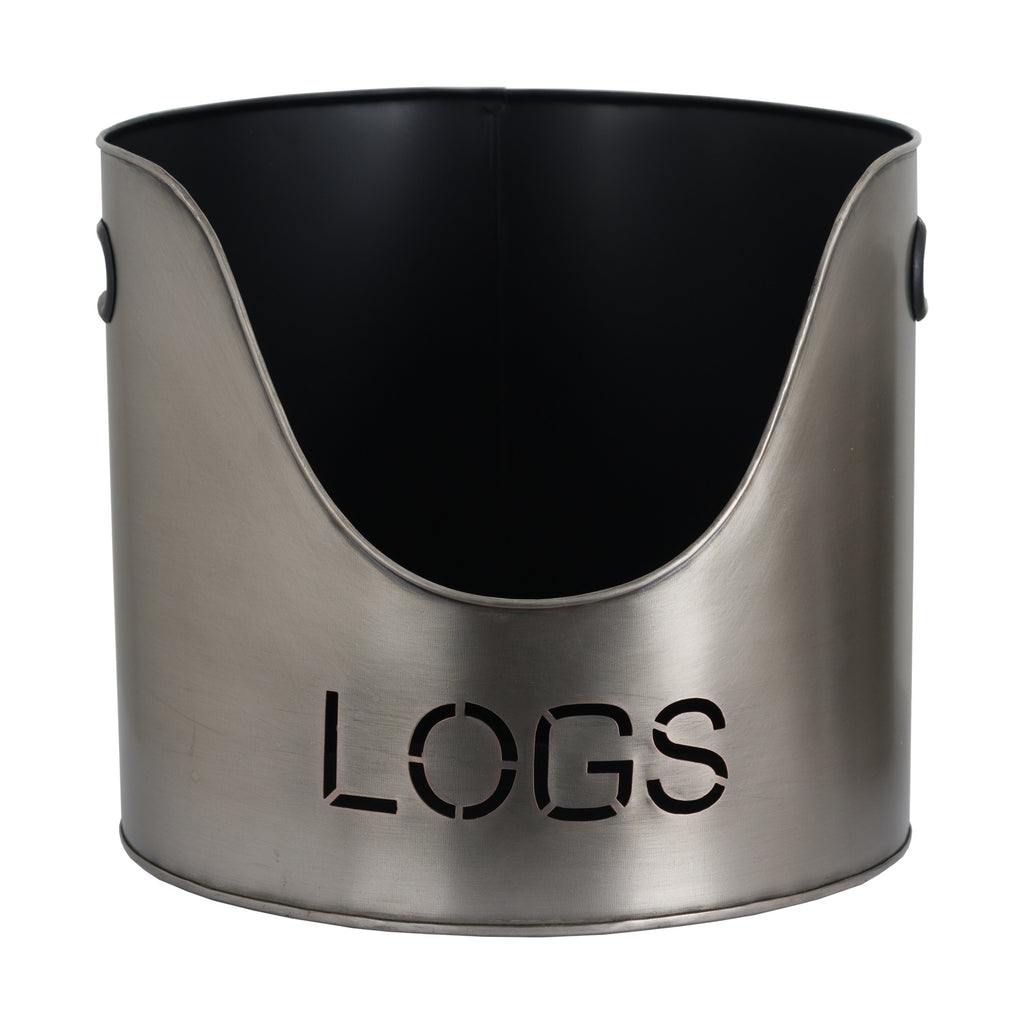 Close view of the LOGS bucket, showing its curved low front, bold lettering, pewter-colour surface and black interior.