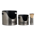 Pewter-colour LOGS and KINDLING buckets with black interiors and side handles, beside a MATCHES holder styled with matches on a white background.