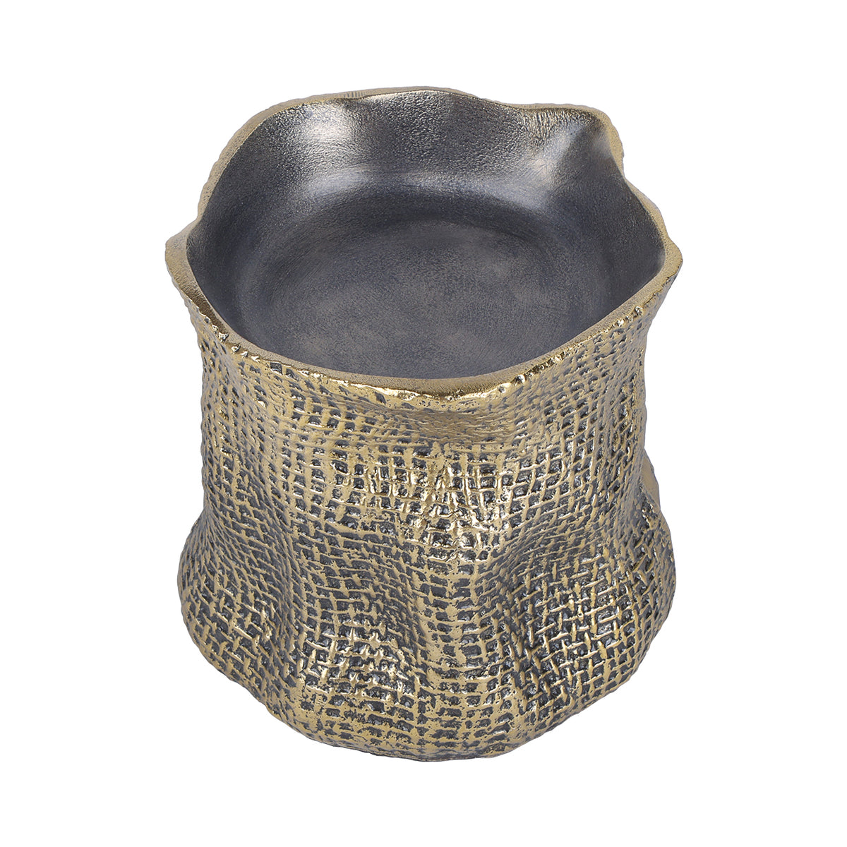 Elevated view showing the broad dark grey candle recess and uneven flared rim.