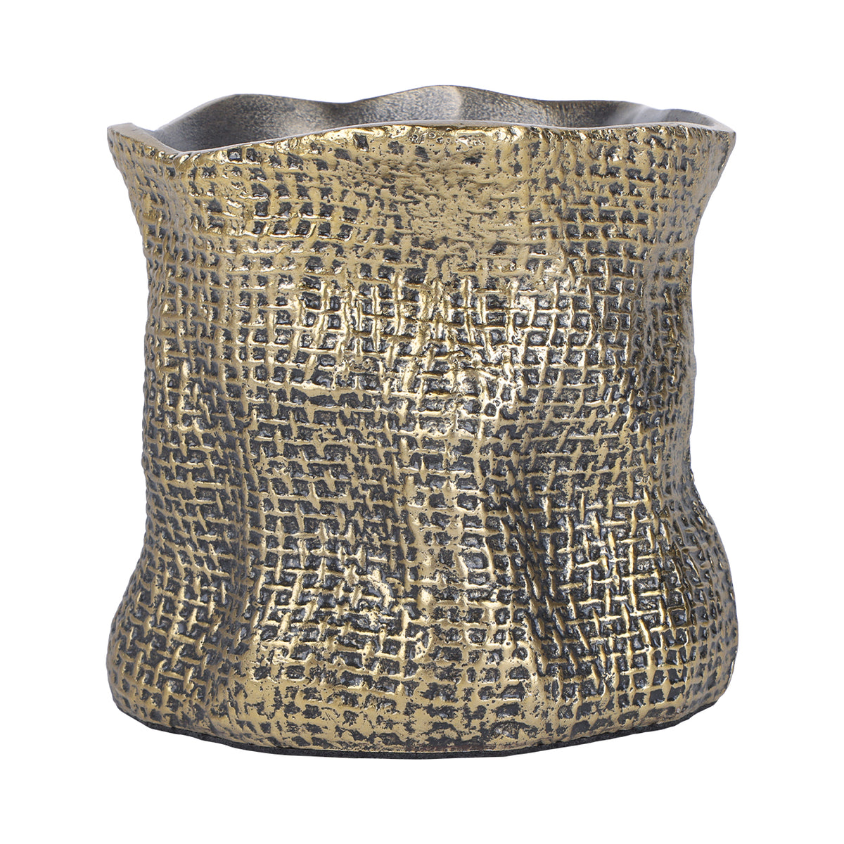 Front view of the Knot Candleholder showing its antique brass finish, woven texture and narrowed waist.