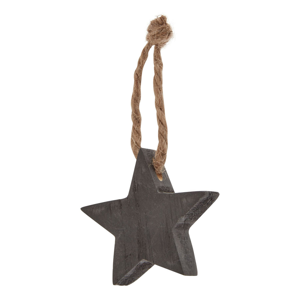 Charcoal hanging star shown at an angle, revealing its textured face and thick edge beneath a knotted tan loop.