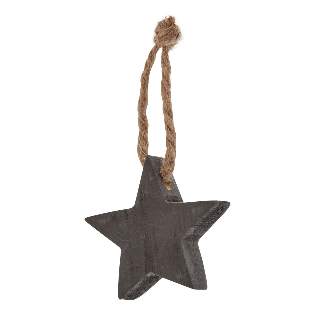 Charcoal hanging star shown at an angle, revealing its textured face and thick edge beneath a knotted tan loop.