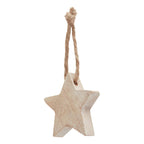 Pale cream five-point hanging star with grain-like markings, a thick edge and a long tan loop knotted at the top.