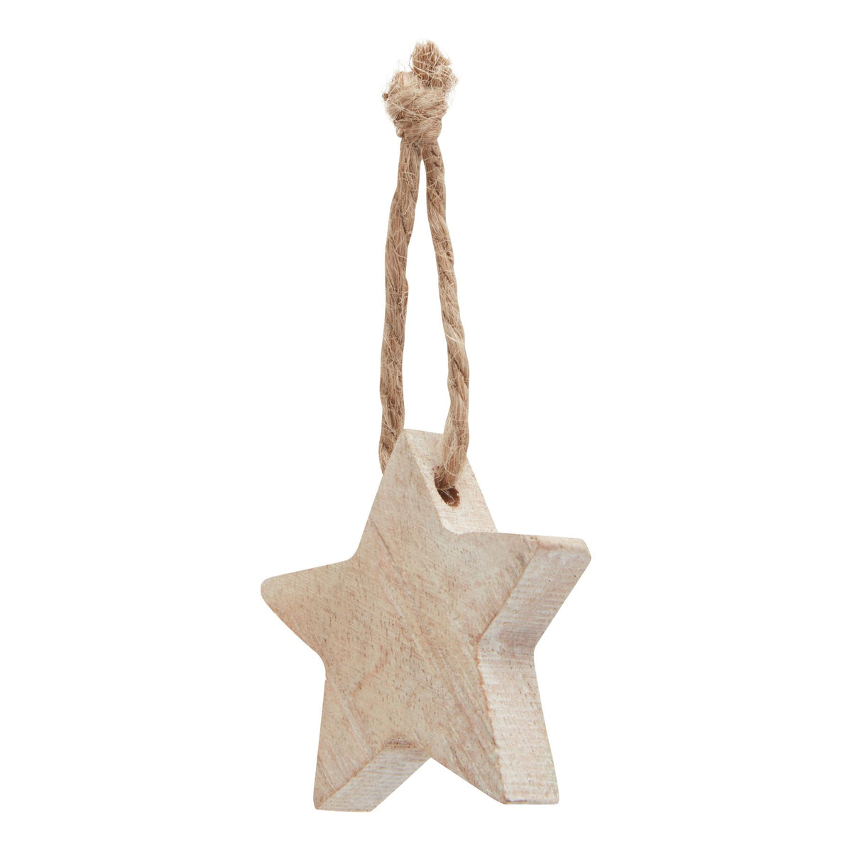 Pale cream five-point hanging star with grain-like markings, a thick edge and a long tan loop knotted at the top.