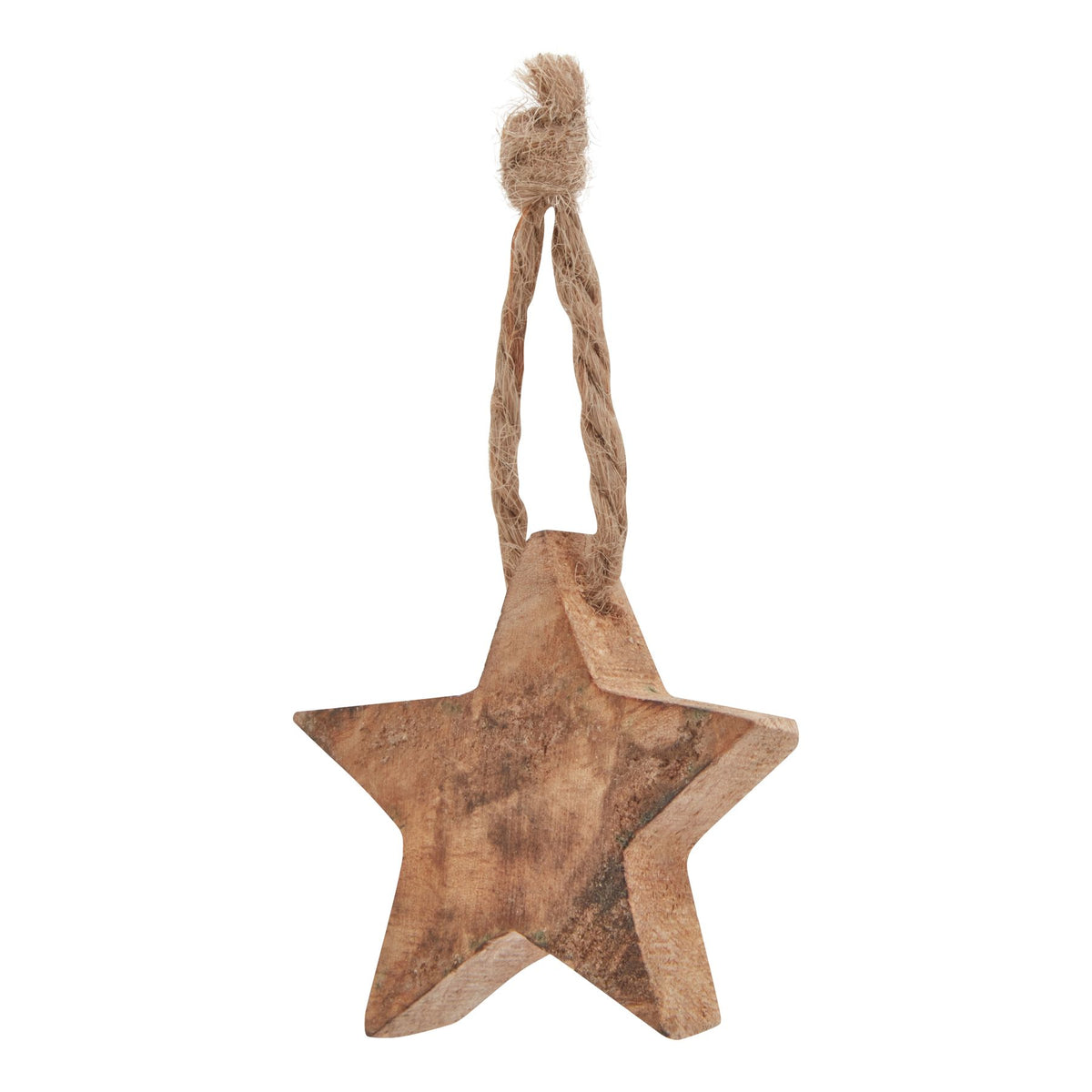 Brown five-point star with dark sweeping grain-like markings and a coarse tan hanging loop tied in a prominent knot.
