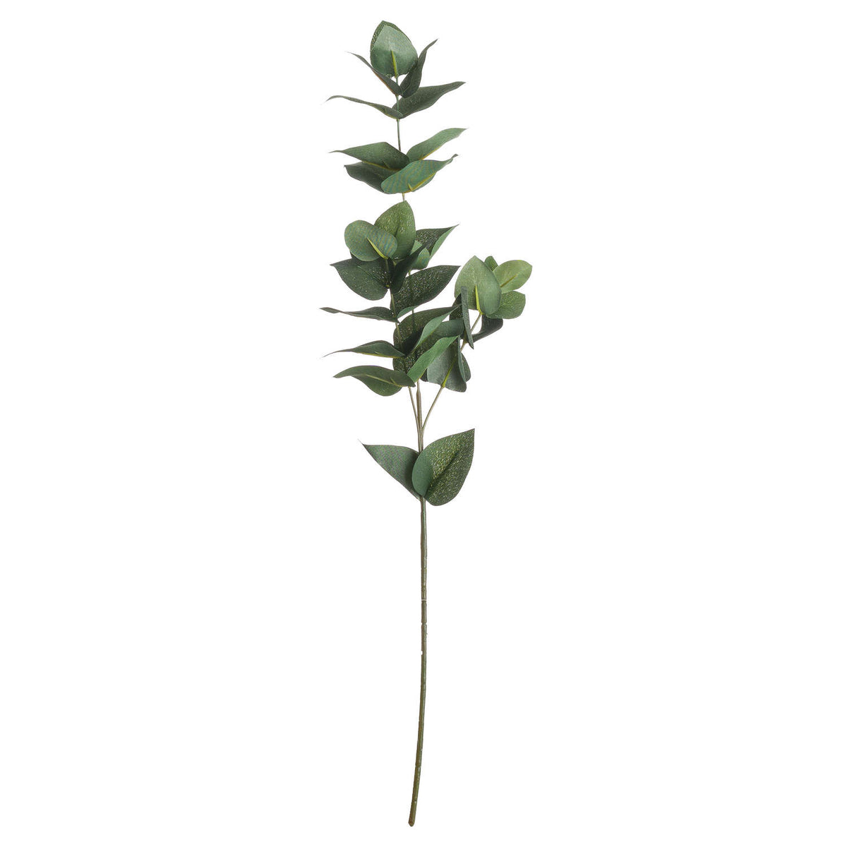Lanceleaf artificial foliage stem against white, with a long bare lower stem and branching clusters of oval and pointed green leaves.