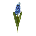 Blue artificial flower stem with an upright flower spike, pale buds and broad green leaves against a white background.