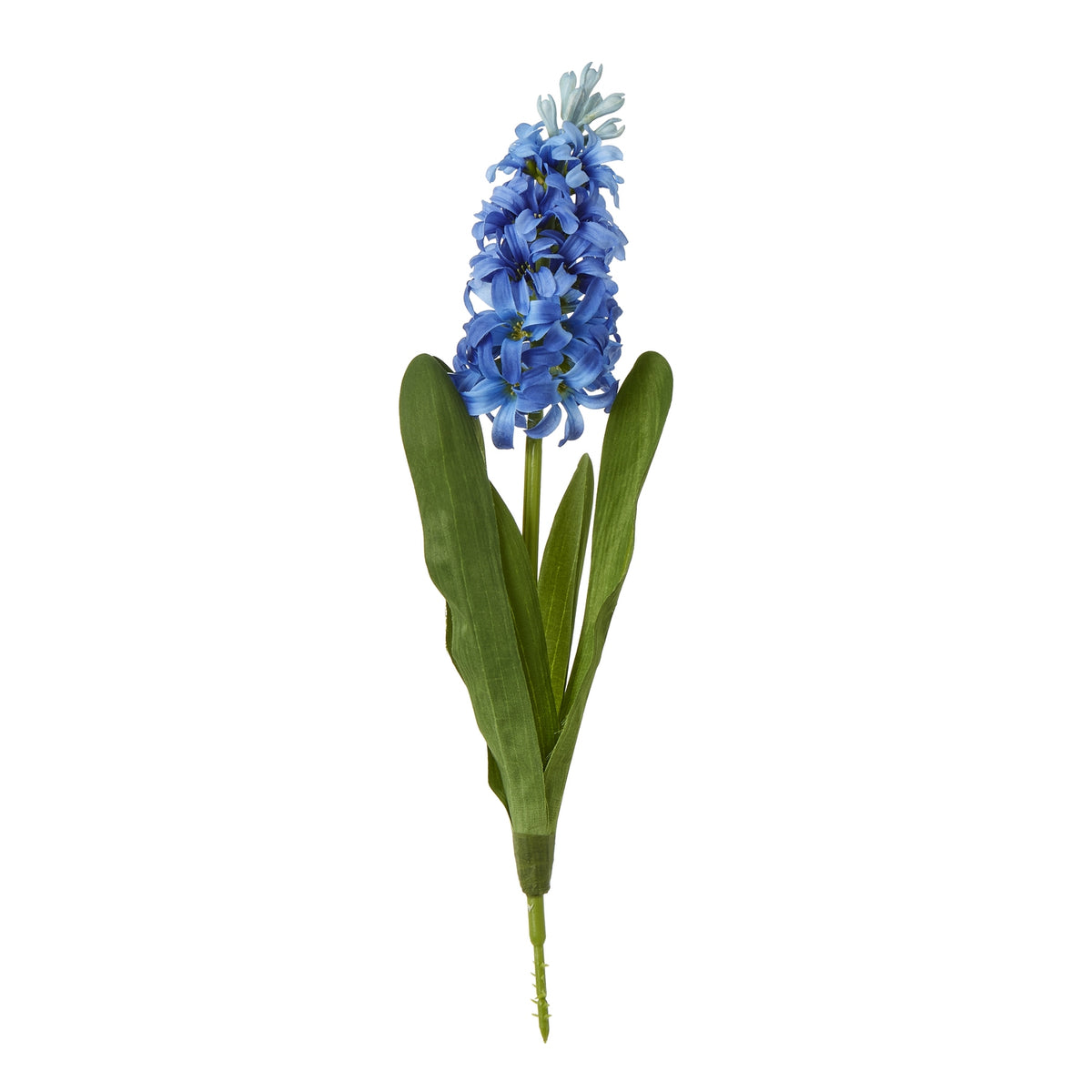 Blue artificial flower stem with an upright flower spike, pale buds and broad green leaves against a white background.