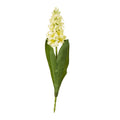 Full view of a pale yellow artificial flower stem with an upright flower spike, broad green leaves and a short exposed stem against white.