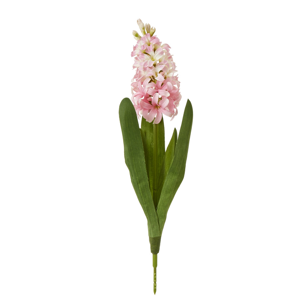 Full view of a pink artificial flower stem with pale buds, broad green leaves and a short exposed green stem on a white background.