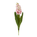 Full view of a pink artificial flower stem with pale buds, broad green leaves and a short exposed green stem on a white background.