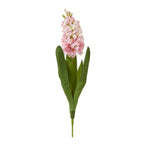 Full view of a pink artificial flower stem with pale buds, broad green leaves and a short exposed green stem on a white background.