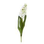 Full white artificial flower spike with pale green buds, broad lance-shaped leaves and a short exposed green stem on a white background.