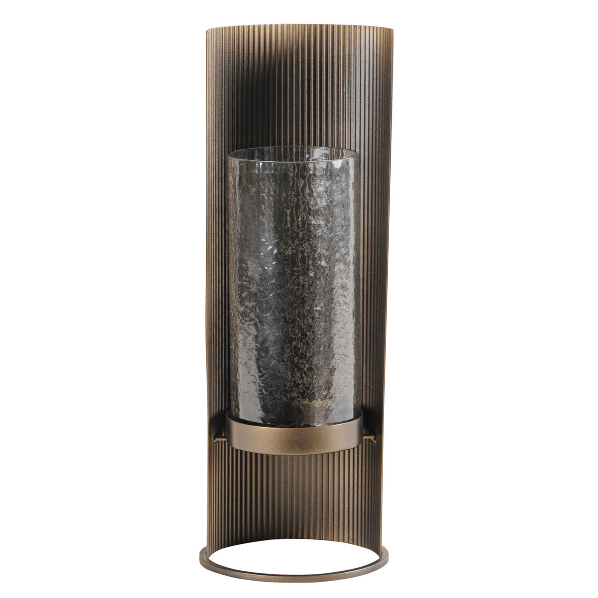 Front view of the candle holder without a candle, showing the glass hurricane, raised platform and circular ring base.