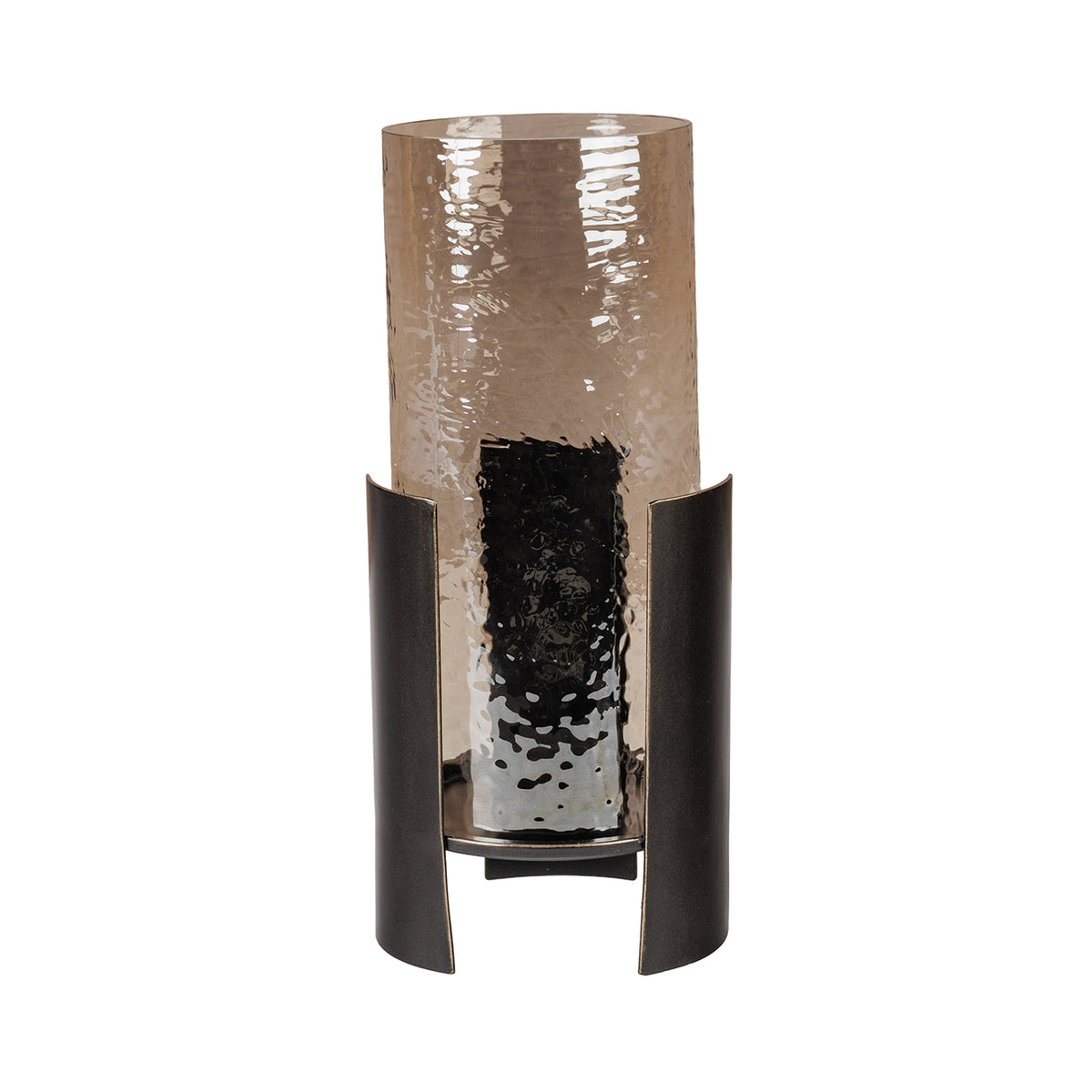 Large candle holder with a rippled copper-brown glass cylinder and dark curved frame, shown without a candle.