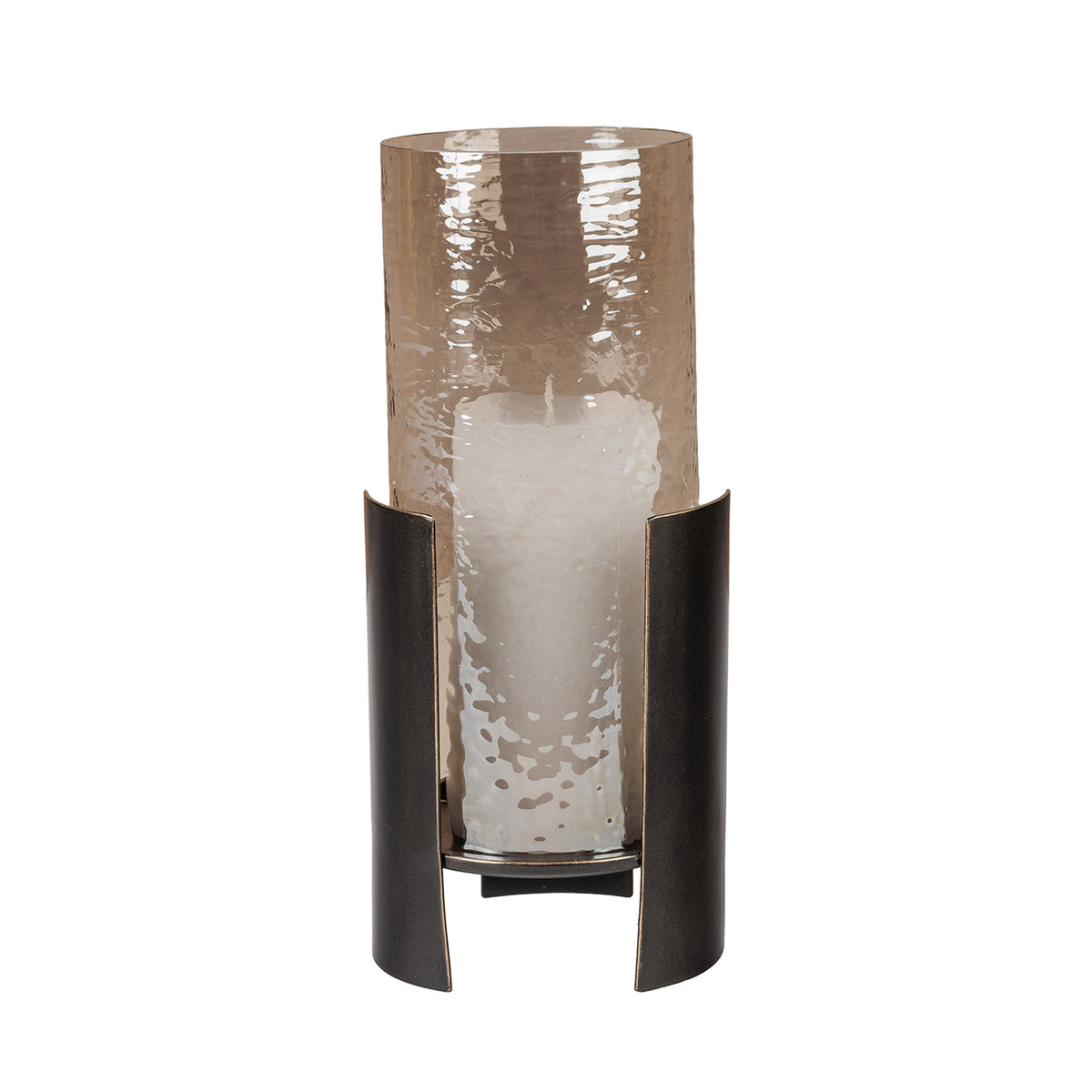 Candle holder shown with an unlit white pillar candle inside the copper-brown glass cylinder.