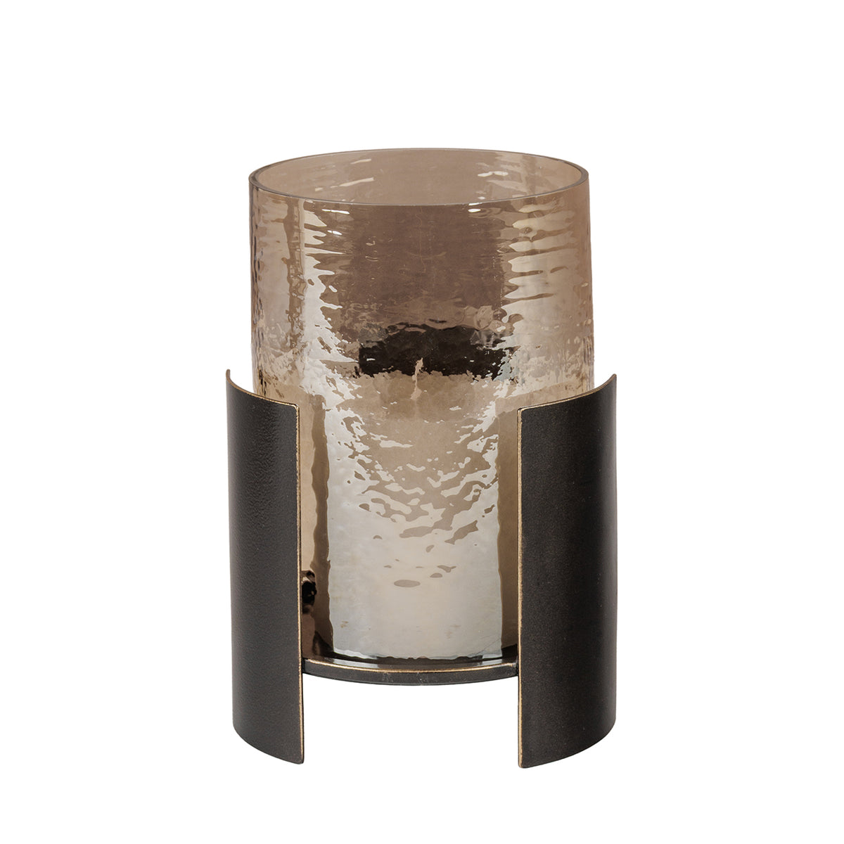 Small candleholder with textured copper-brown glass visible between two curved dark bronze panels with gold-toned edges.