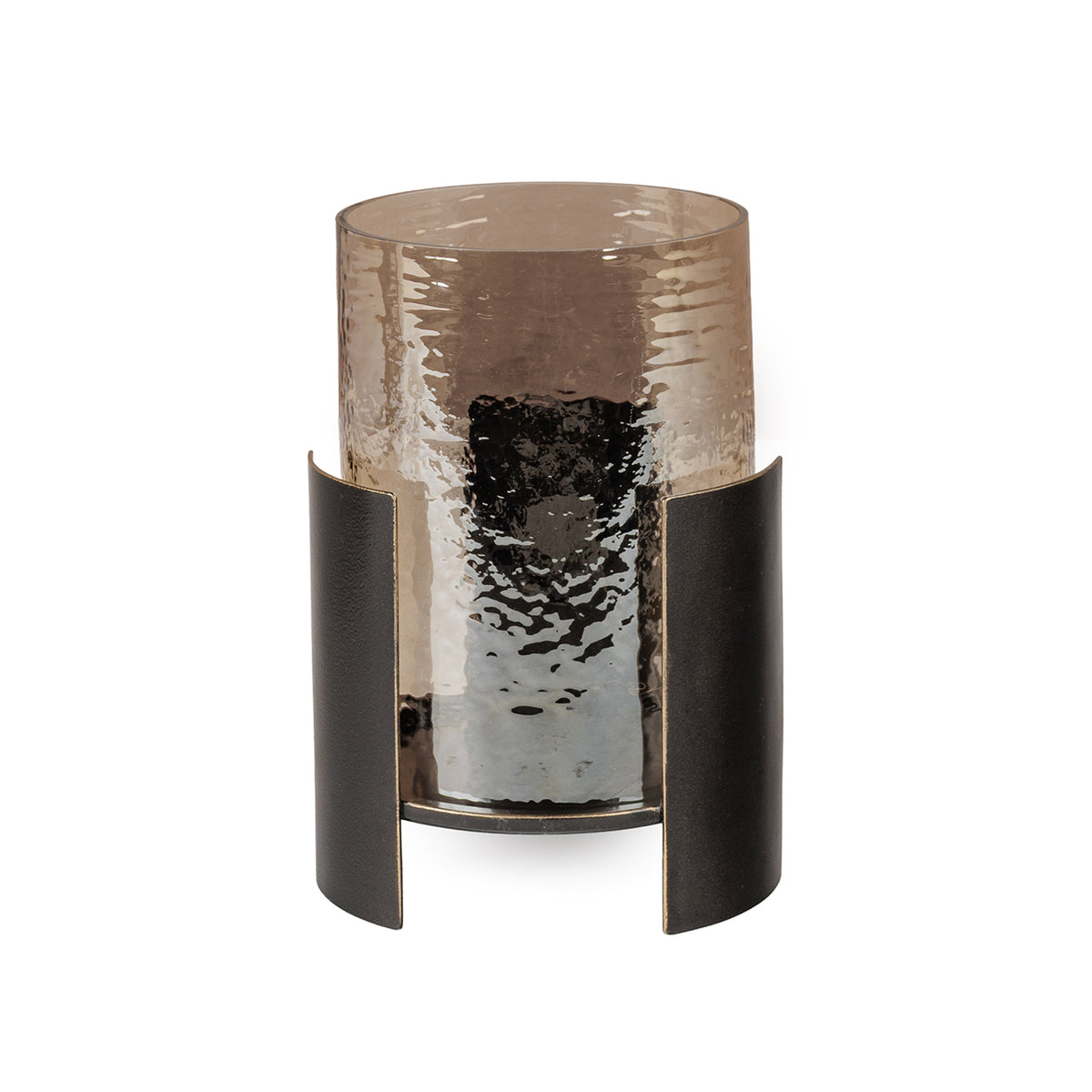 Front view of the candleholder showing its open glass rim, reflective textured surface and raised circular support.