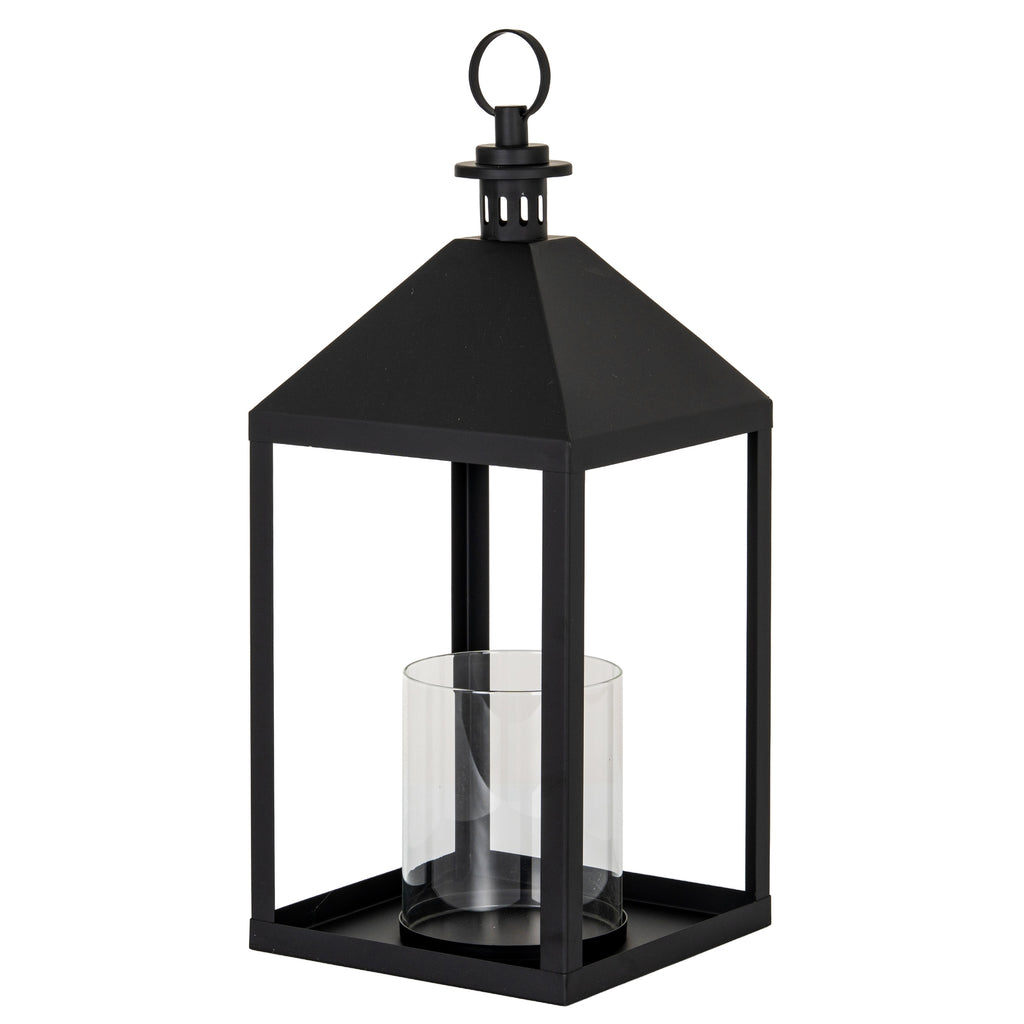 Three-quarter view of a black lantern with a rectangular frame, clear cylindrical insert, sloping roof and circular top ring.
