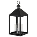 Three-quarter view of a black lantern with a rectangular frame, clear cylindrical insert, sloping roof and circular top ring.