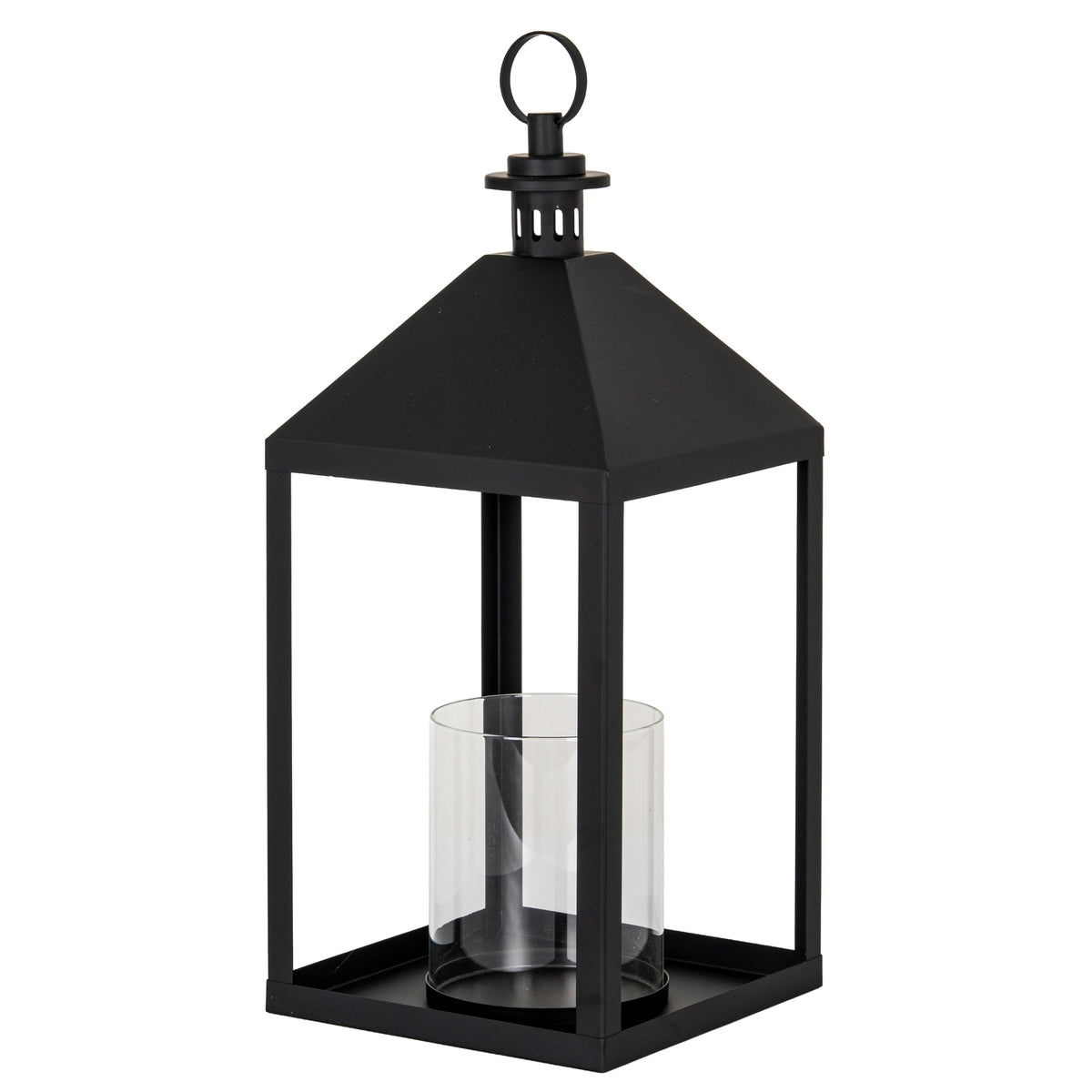 Three-quarter view of a black lantern with a rectangular frame, clear cylindrical insert, sloping roof and circular top ring.