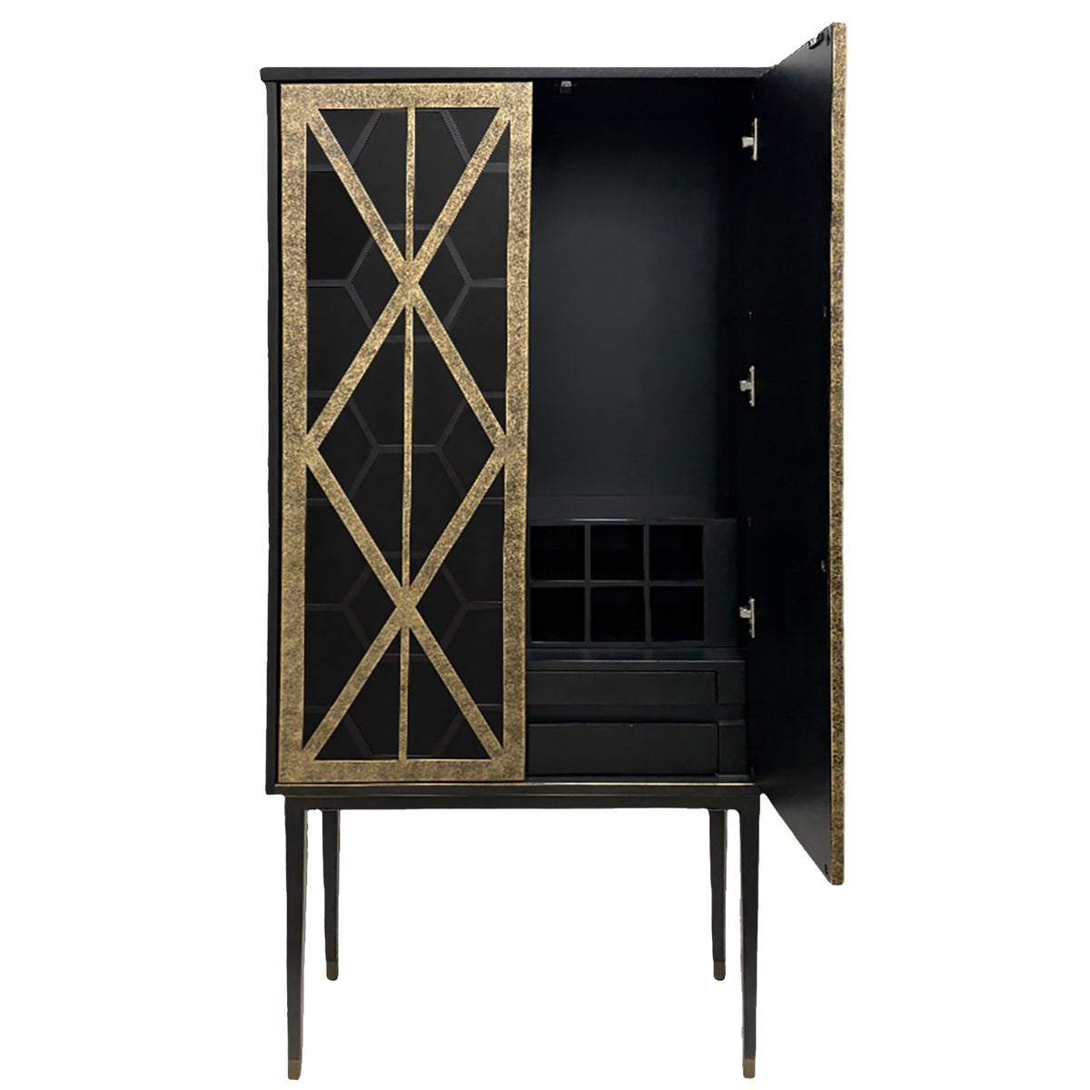 Lattice Cabinet with the right door open, revealing a dark interior with upper storage, bottle compartments and stacked drawers.