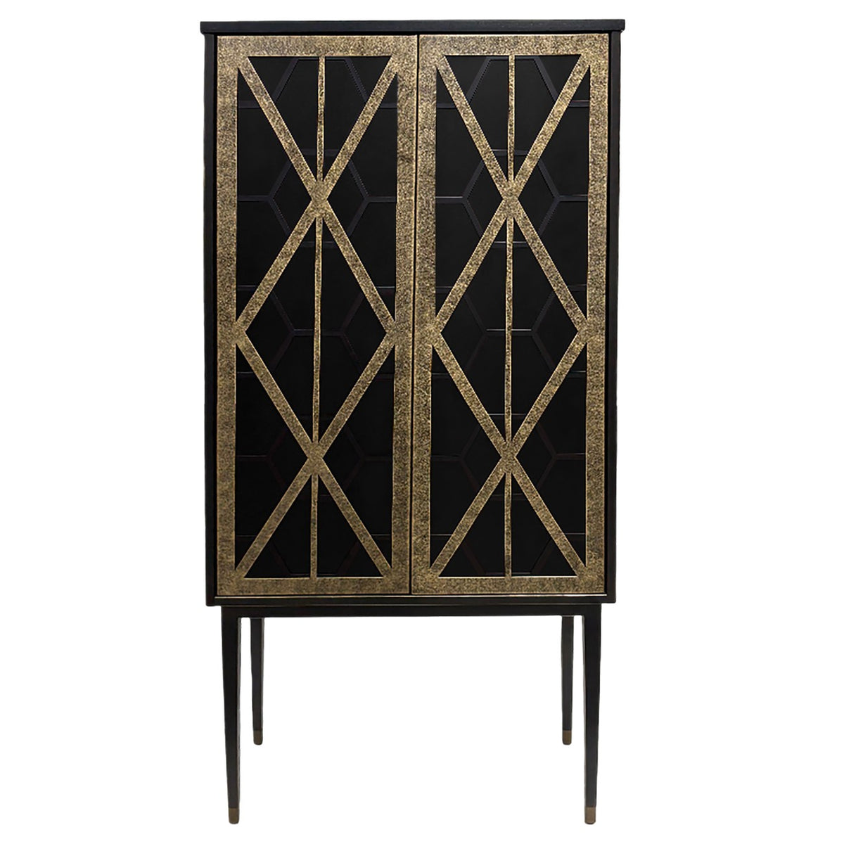 Front view of the black Lattice Cabinet with two gold-toned geometric doors and slender legs with metallic end caps.
