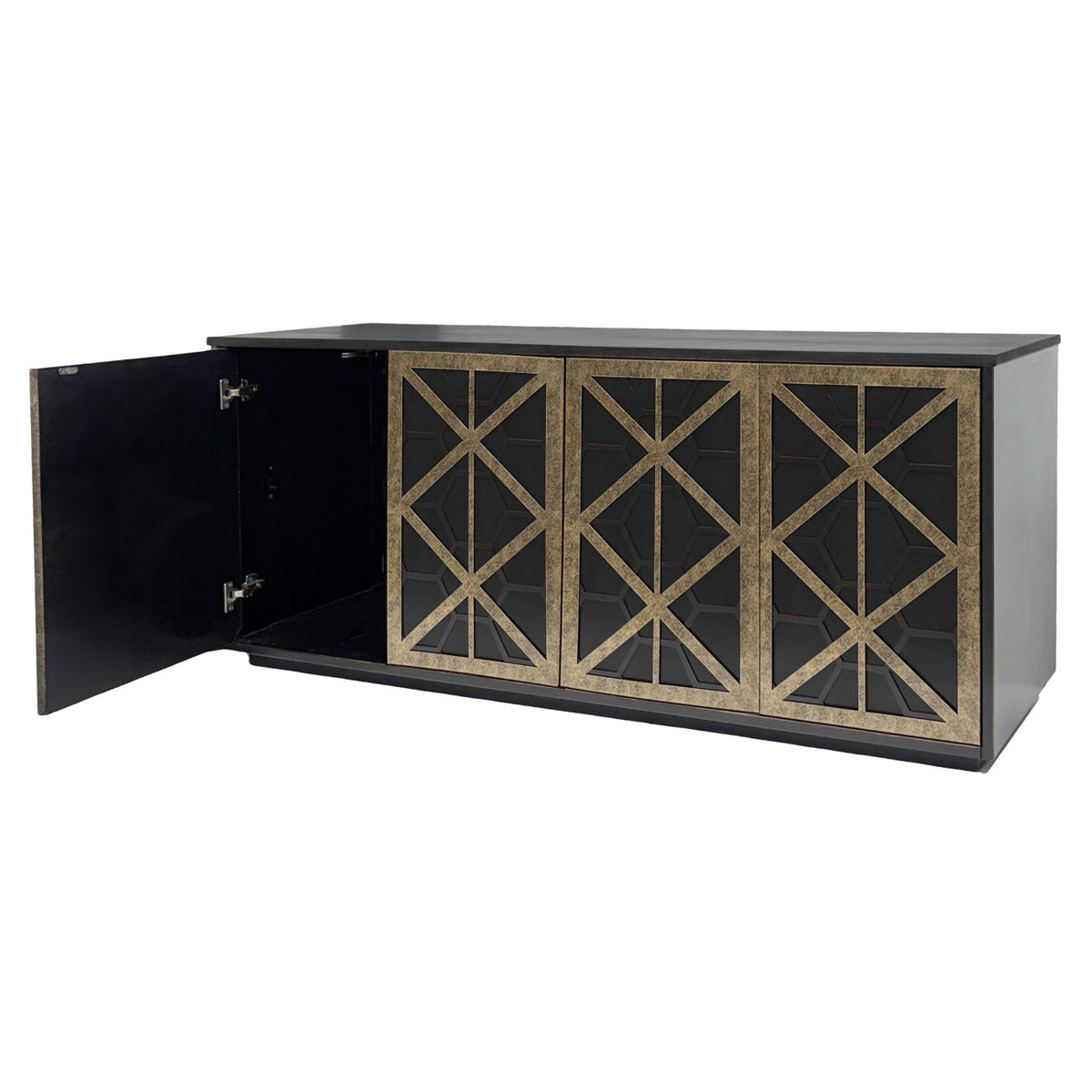 Black and gold sideboard with the left door open, revealing the dark interior and metal hinges.