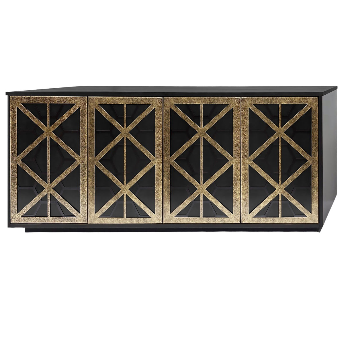 Slightly angled view of the black sideboard with four closed doors featuring gold cross and diamond fretwork.