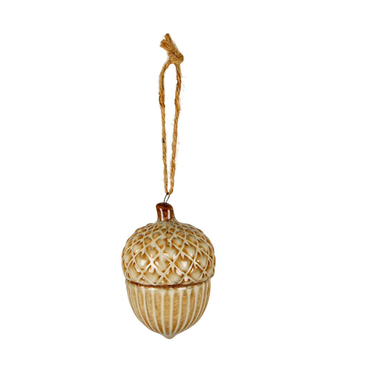 Acorn-shaped hanging decoration with a glossy cream and ochre-brown lattice cap, ribbed lower section and long doubled tan cord against white.