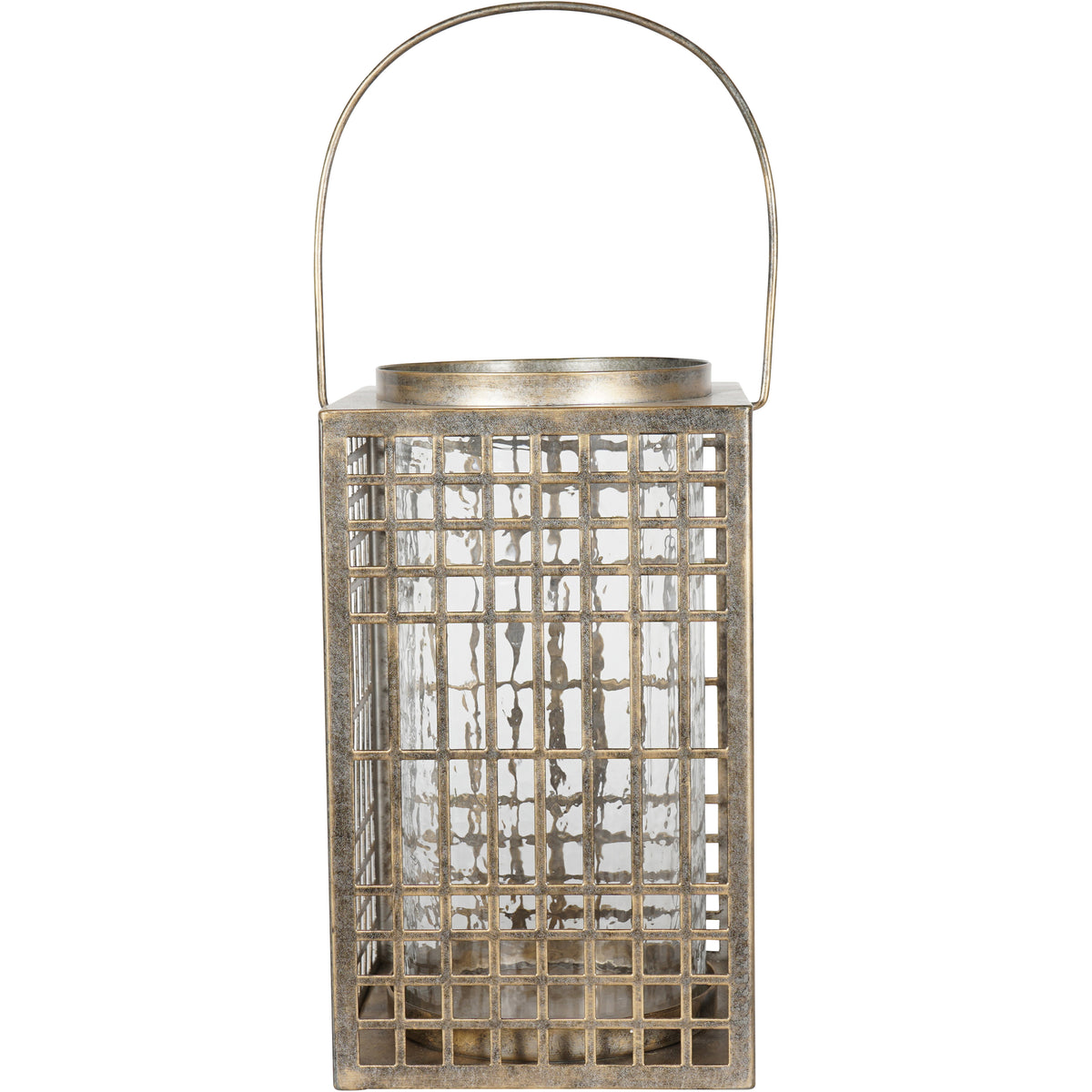 Front view of the aged-gold lattice lantern with a hammered glass flute and tall rounded handle.
