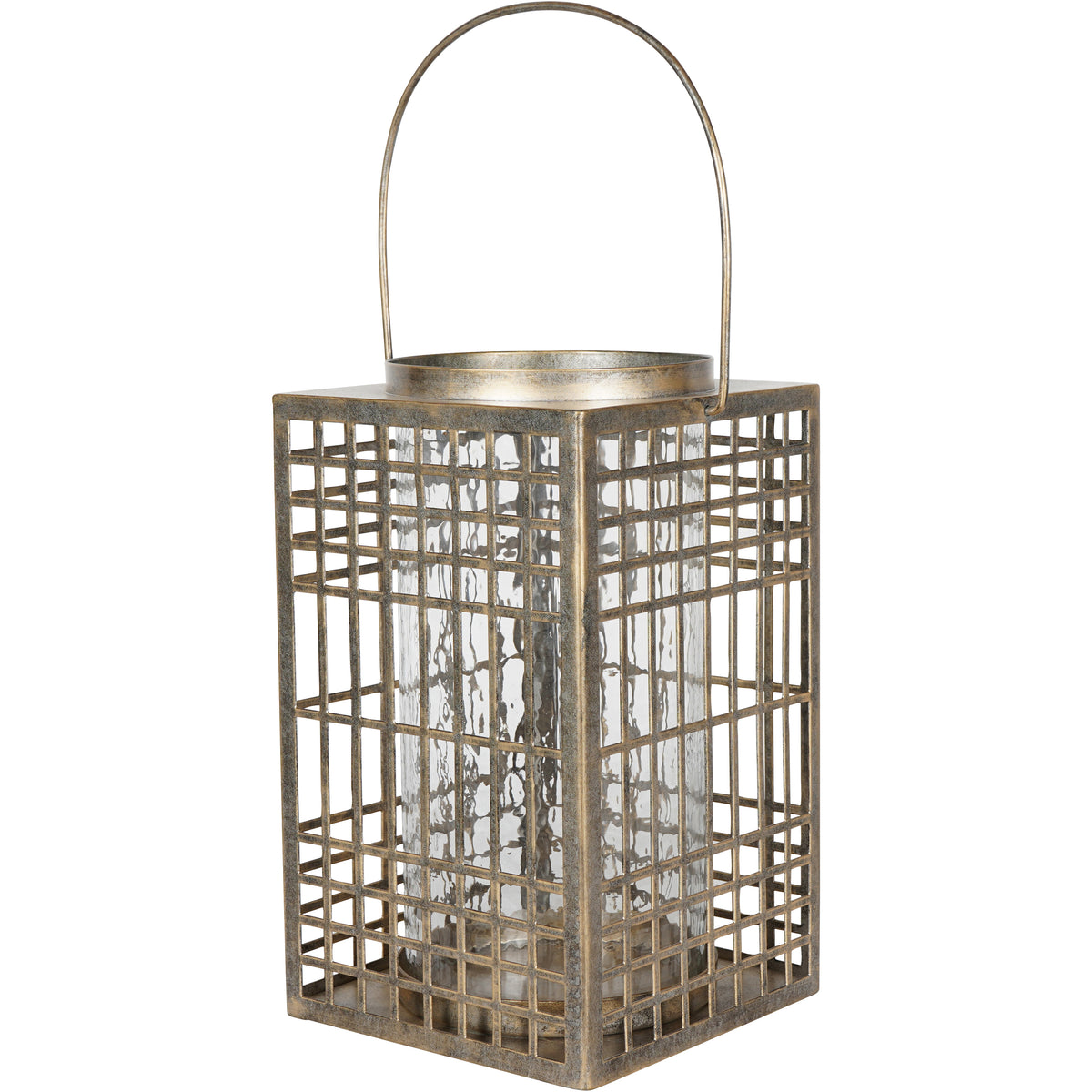 Three-quarter view showing two lattice sides, the square base and cylindrical glass flute.