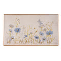 Front view of a wide floral artwork in a narrow warm brown frame, with blue-lavender and white blossoms on fine yellow-green stems against a pale mottled background.