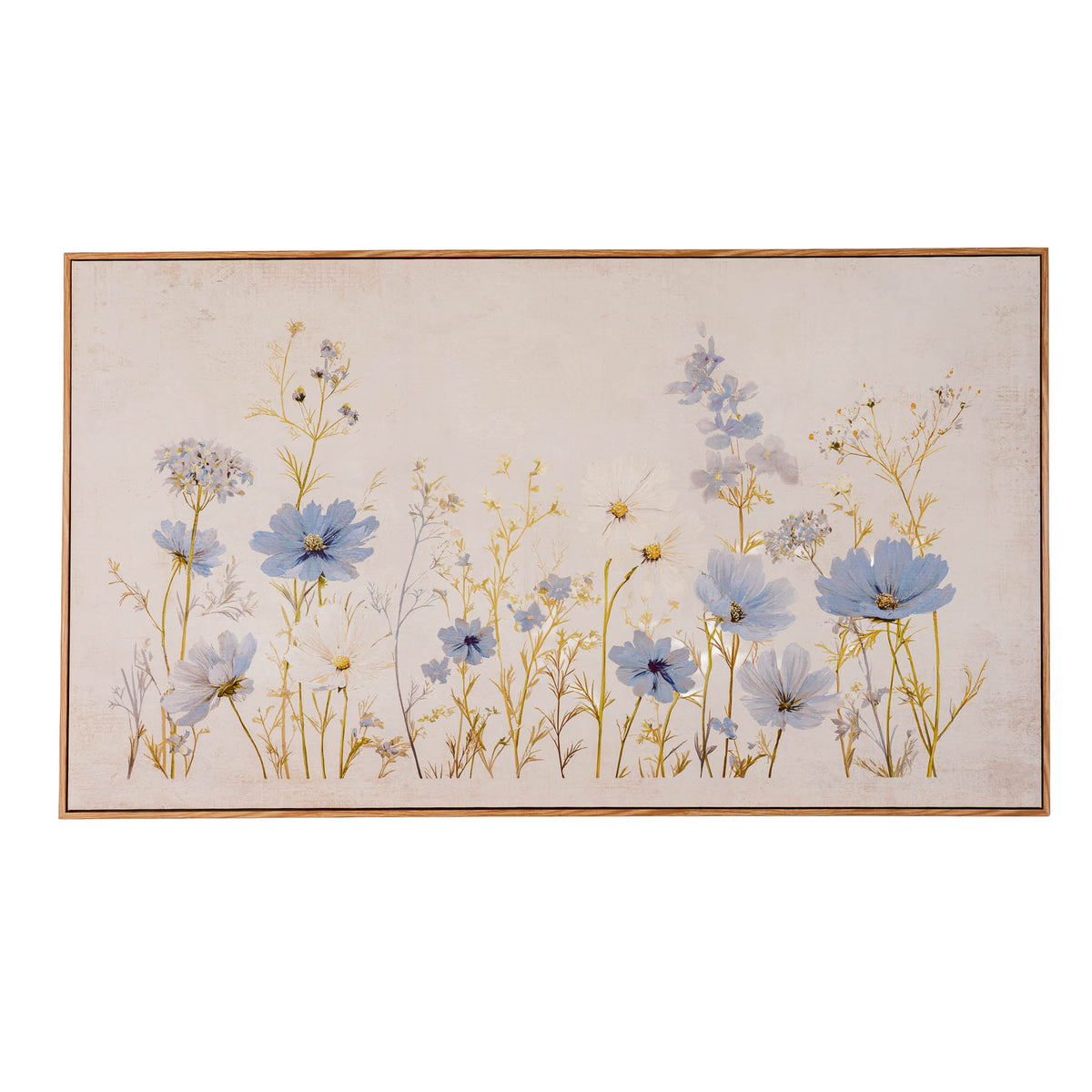 Front view of a wide floral artwork in a narrow warm brown frame, with blue-lavender and white blossoms on fine yellow-green stems against a pale mottled background.