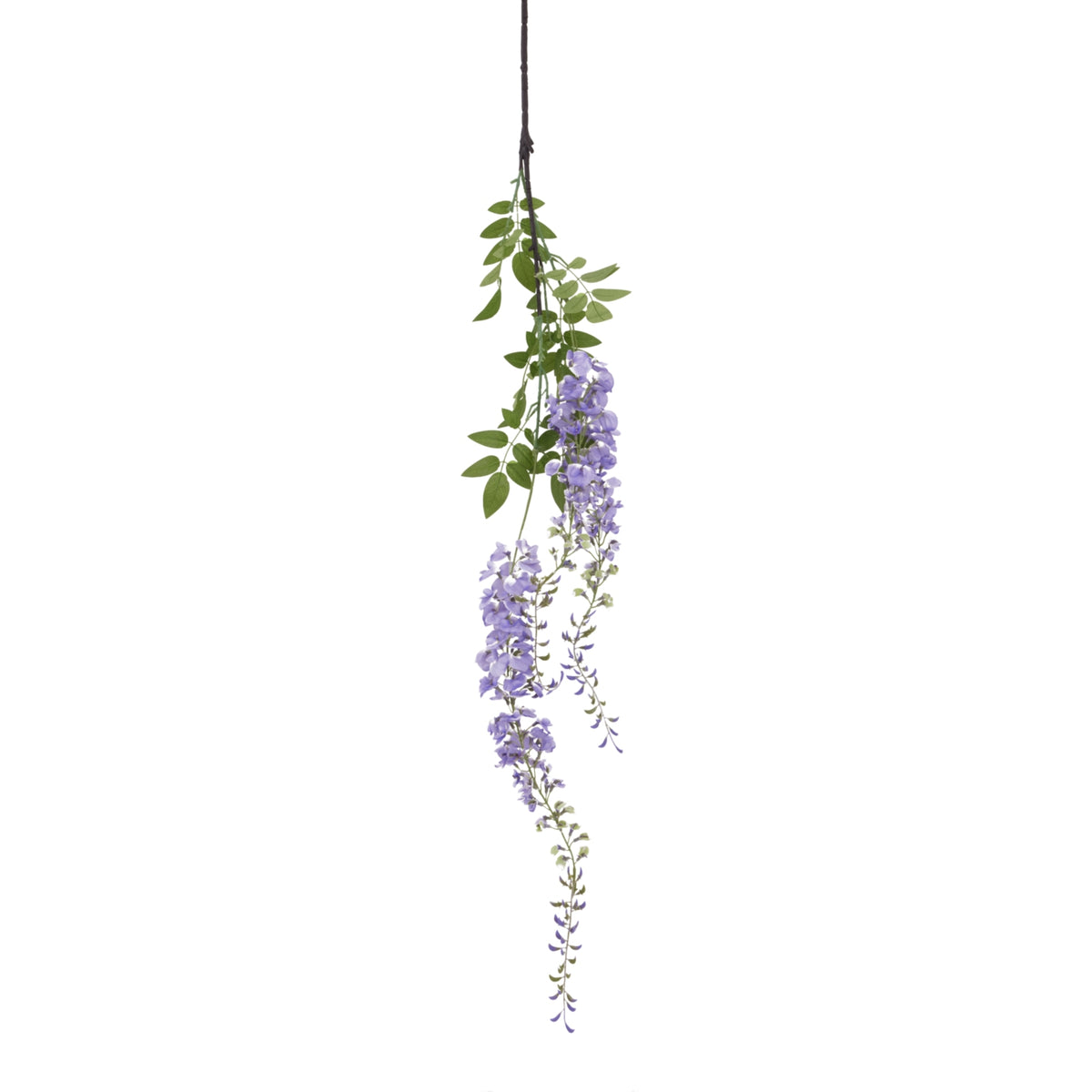 Artificial flower spray hanging against white, with a long dark stem, green leaves and trailing lavender-purple flower clusters.