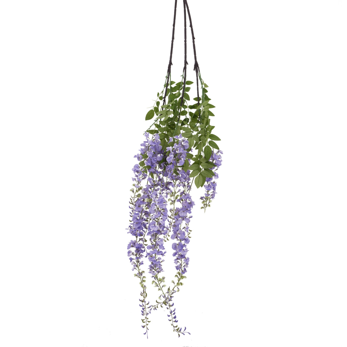 Grouped artificial flower sprays against white, with dark stems above green foliage and several cascading trails of lavender-purple flowers.