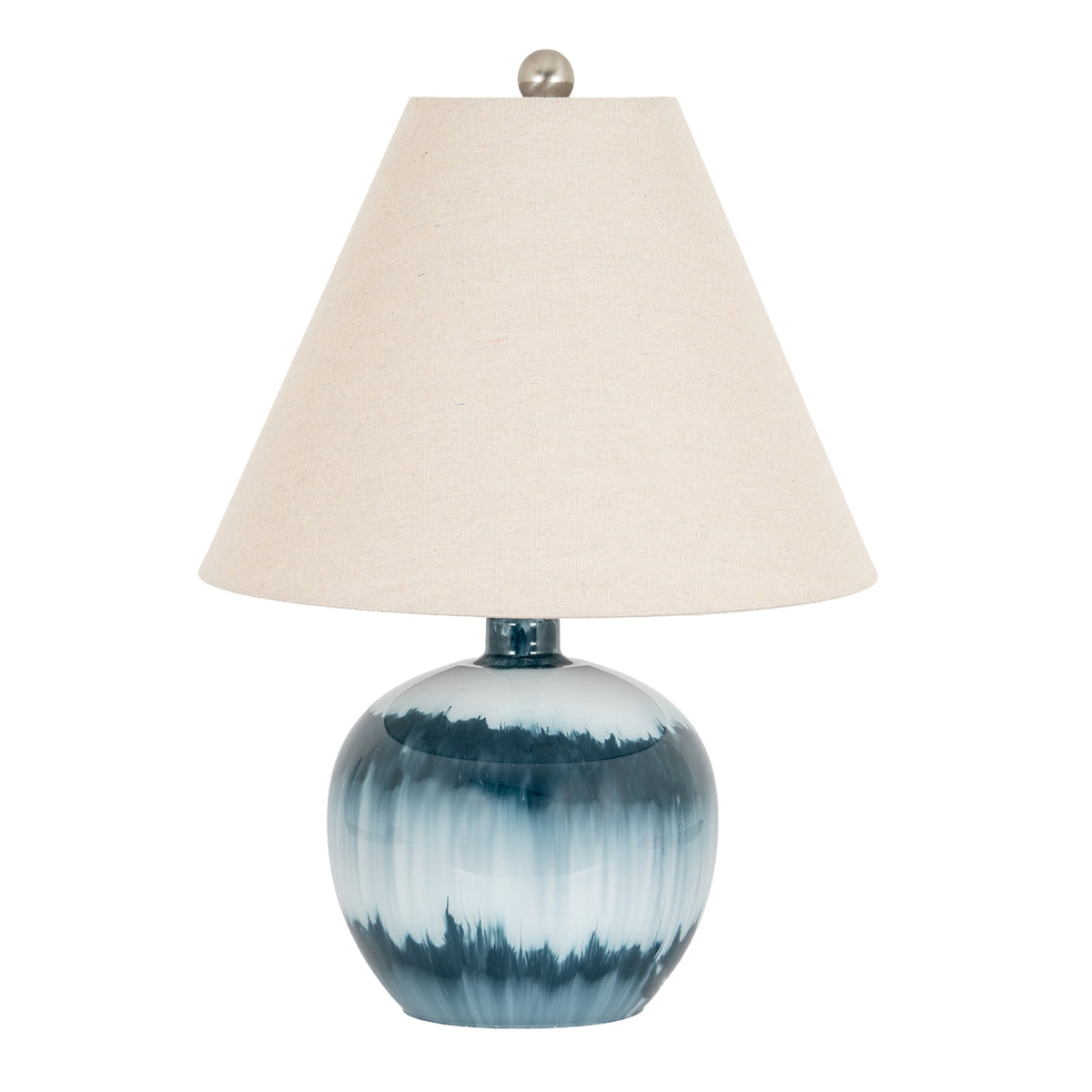 Blue table lamp with a rounded banded base, broad off-white tapered shade and grey ball finial on a white background