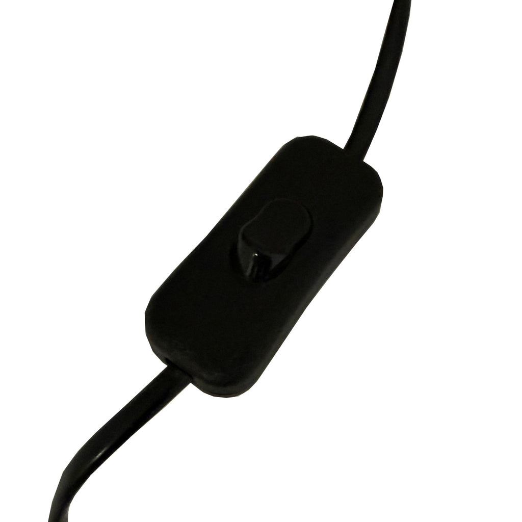 Close-up of a black in-line rocker switch on the lamp's black flex against a white background