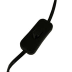 Close-up of a black in-line rocker switch on the lamp's black flex against a white background