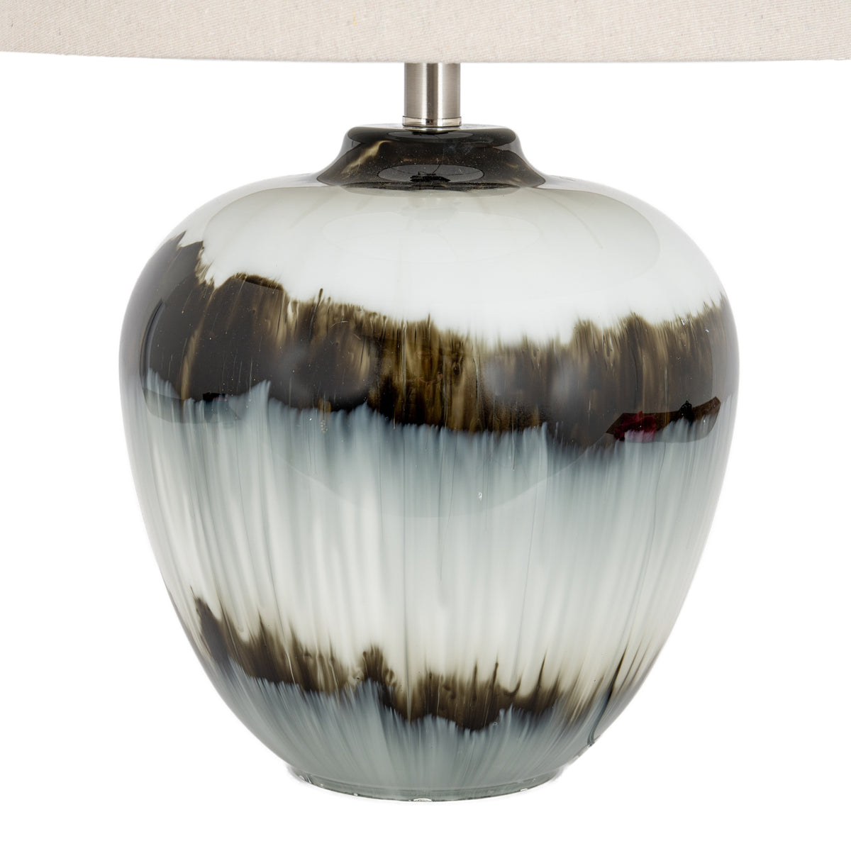Close-up of the lamp's glossy base showing feathered brown-black bands, pale vertical streaking and a short silver-coloured neck beneath the shade.