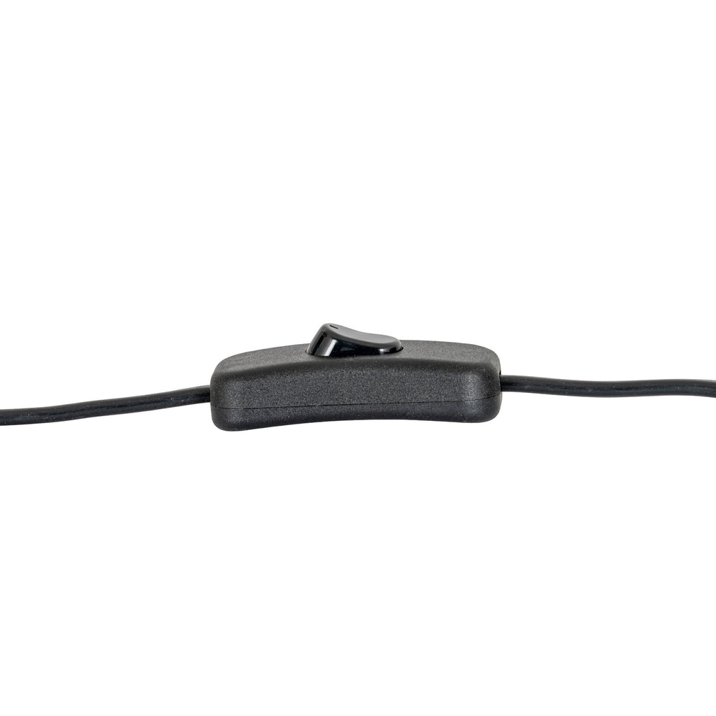 Close-up of a black rectangular in-line rocker switch on the lamp's black flex against a white background.