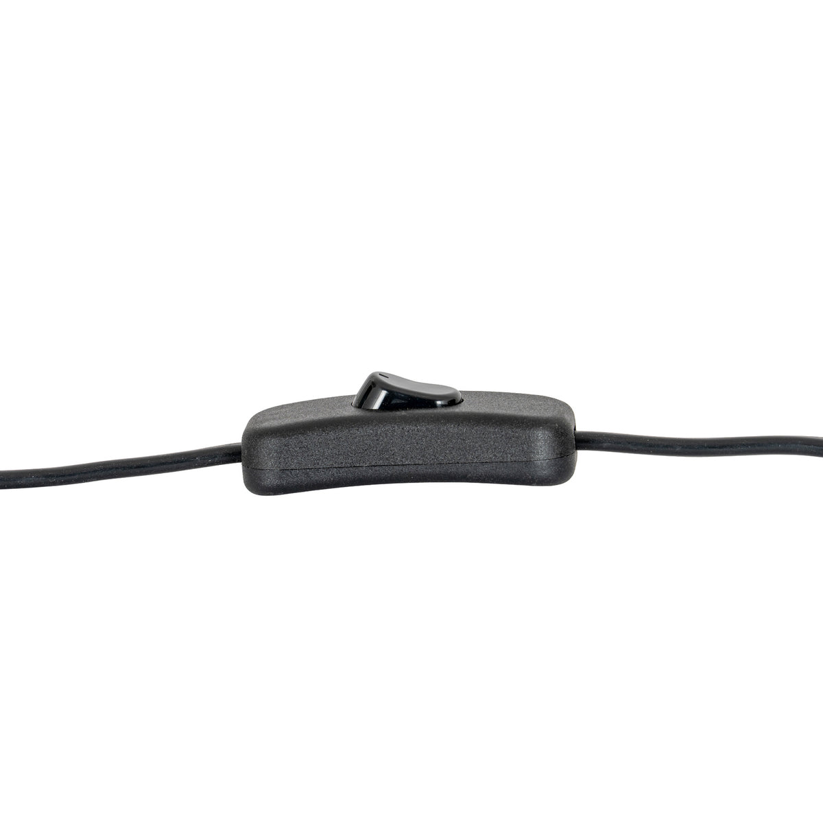 Close-up of a black inline rocker switch along the lamp's black cable on a white background.