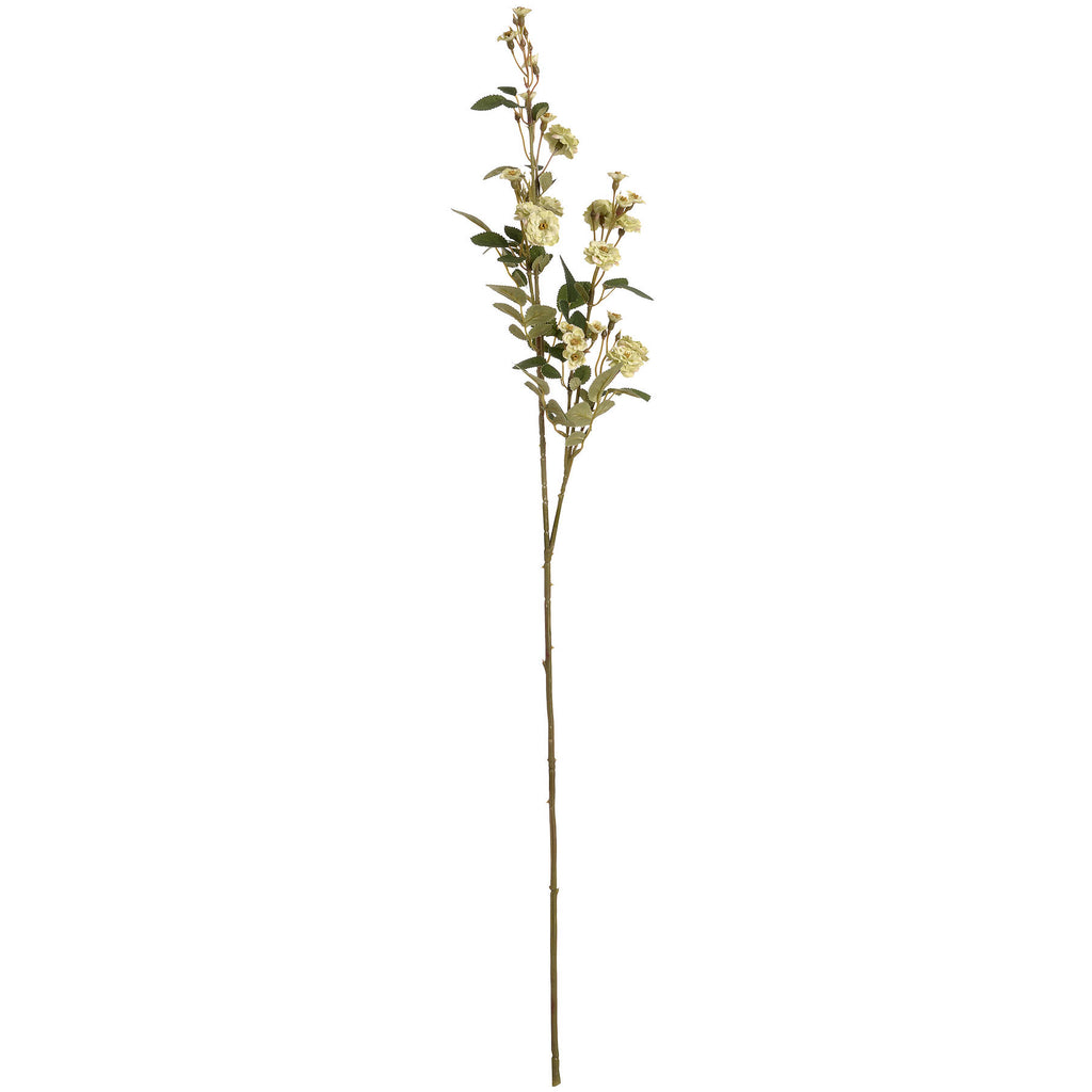 Full-length green artificial meadow rose spray with a long stem, branching pale-green flowers, buds and dark green leaves against white.
