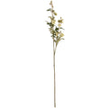 Full-length green artificial meadow rose spray with a long stem, branching pale-green flowers, buds and dark green leaves against white.