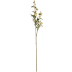 Full-length green artificial meadow rose spray with a long stem, branching pale-green flowers, buds and dark green leaves against white.
