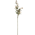 Full view of a tall artificial meadow rose spray with pale pink and cream flower clusters, small buds and green leaves against white.