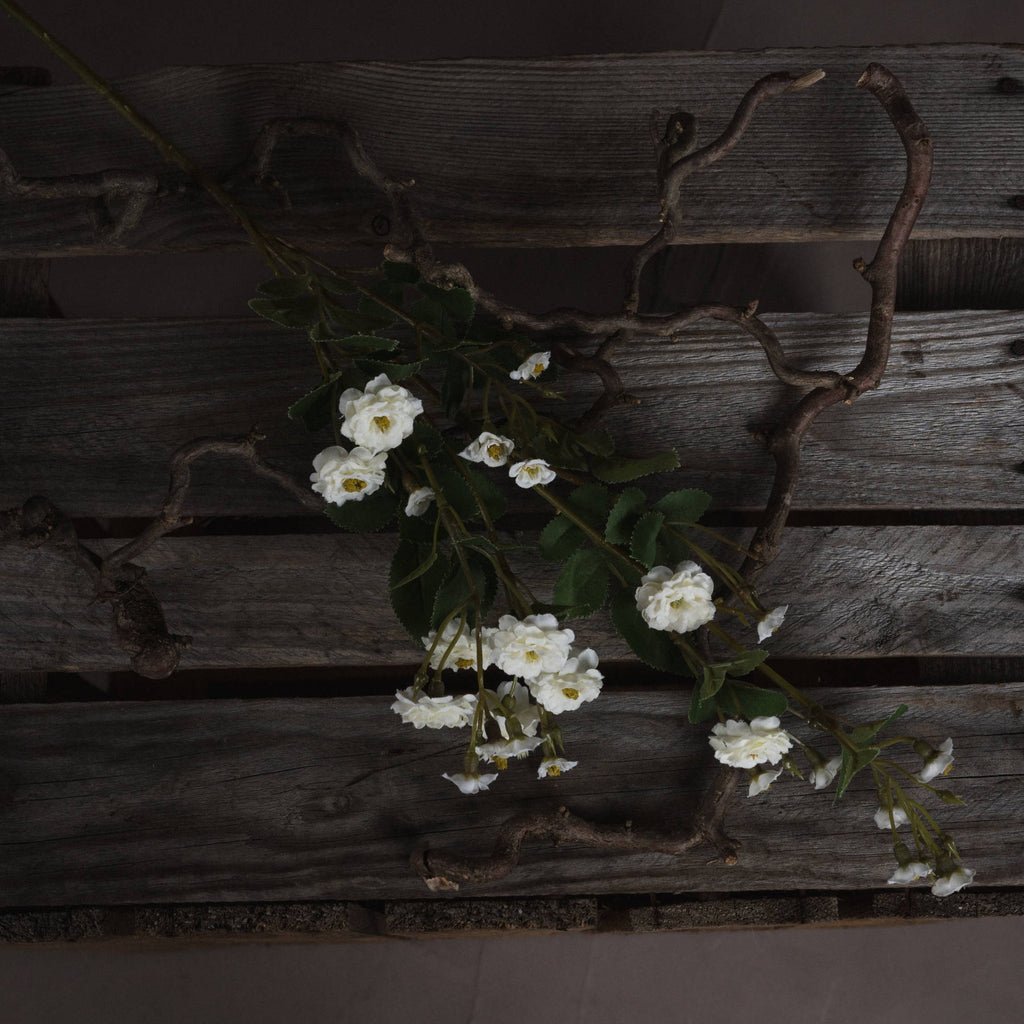 White artificial meadow rose spray laid diagonally across weathered wooden slats among twisting bare branches.