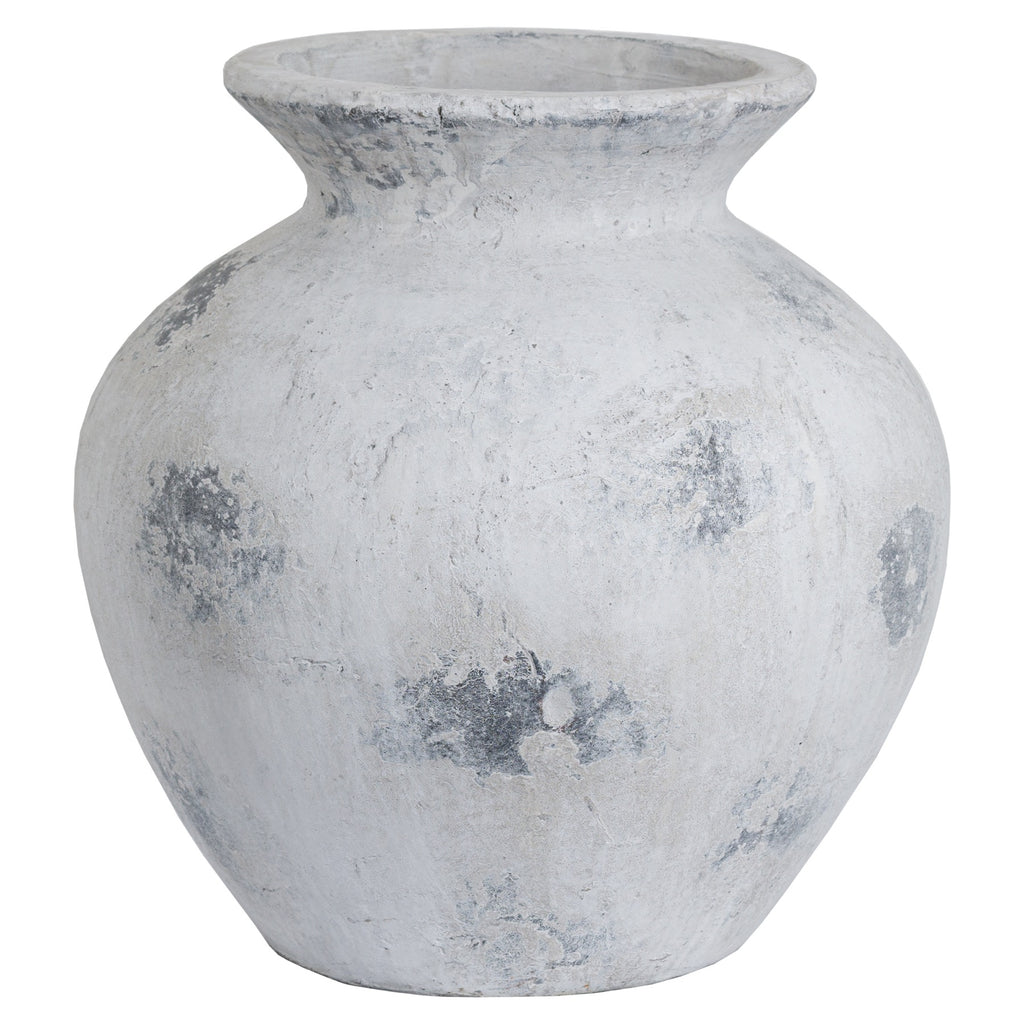 Rounded white and grey vase with a flared rim and irregular distressed patches, shown against a white background.