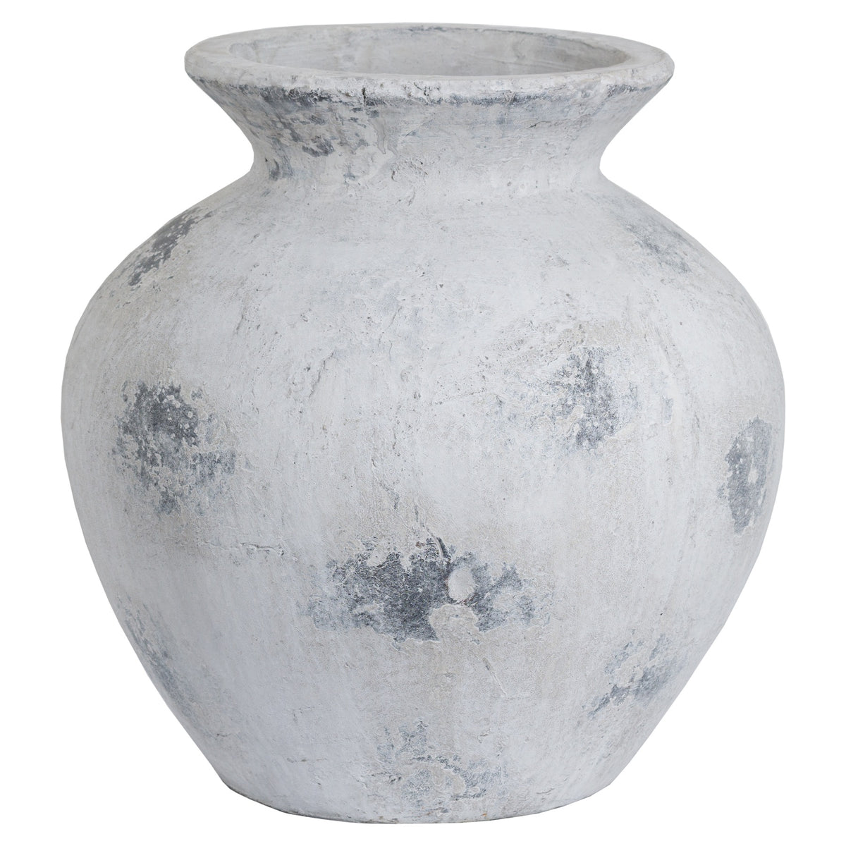 Rounded white and grey vase with a flared rim and irregular distressed patches, shown against a white background.