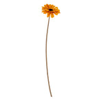 Orange artificial flower with layered petals and a dark centre on a long, gently curved green-brown stem against white.
